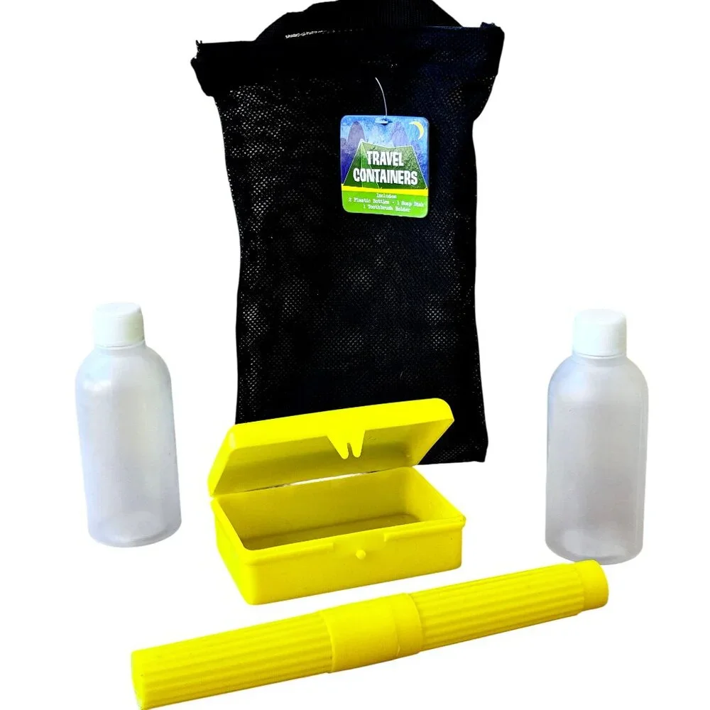 4 Piece Travel Bottles + Soap + Toothbrush Toiletry Container Set Net Bag NEW